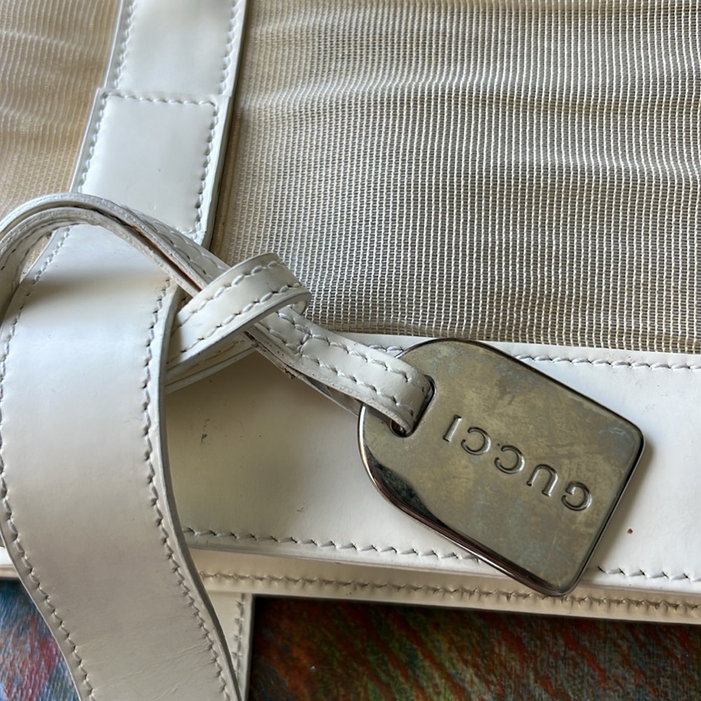 Auth. Gucci Mesh Handbag Nude Tote +pouch lightweight Nylon Leather Vintage - Picture 9 of 17